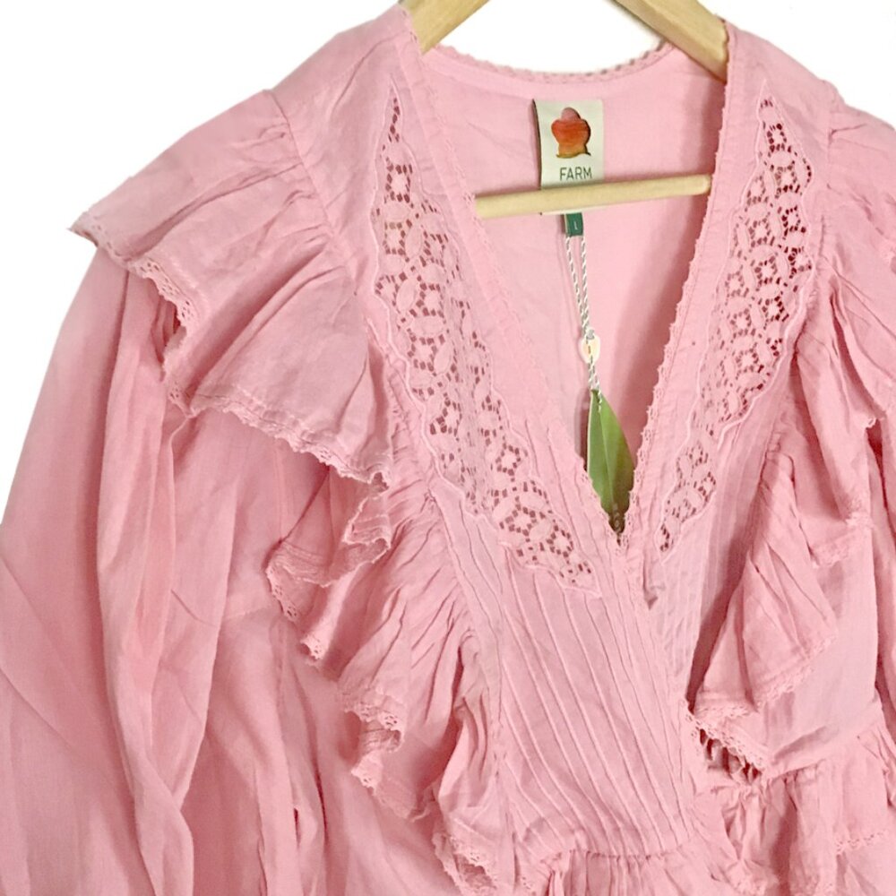 FARM Rio Blush Pink Puff Sleeve V-Neck Blouse - Picture 6 of 14